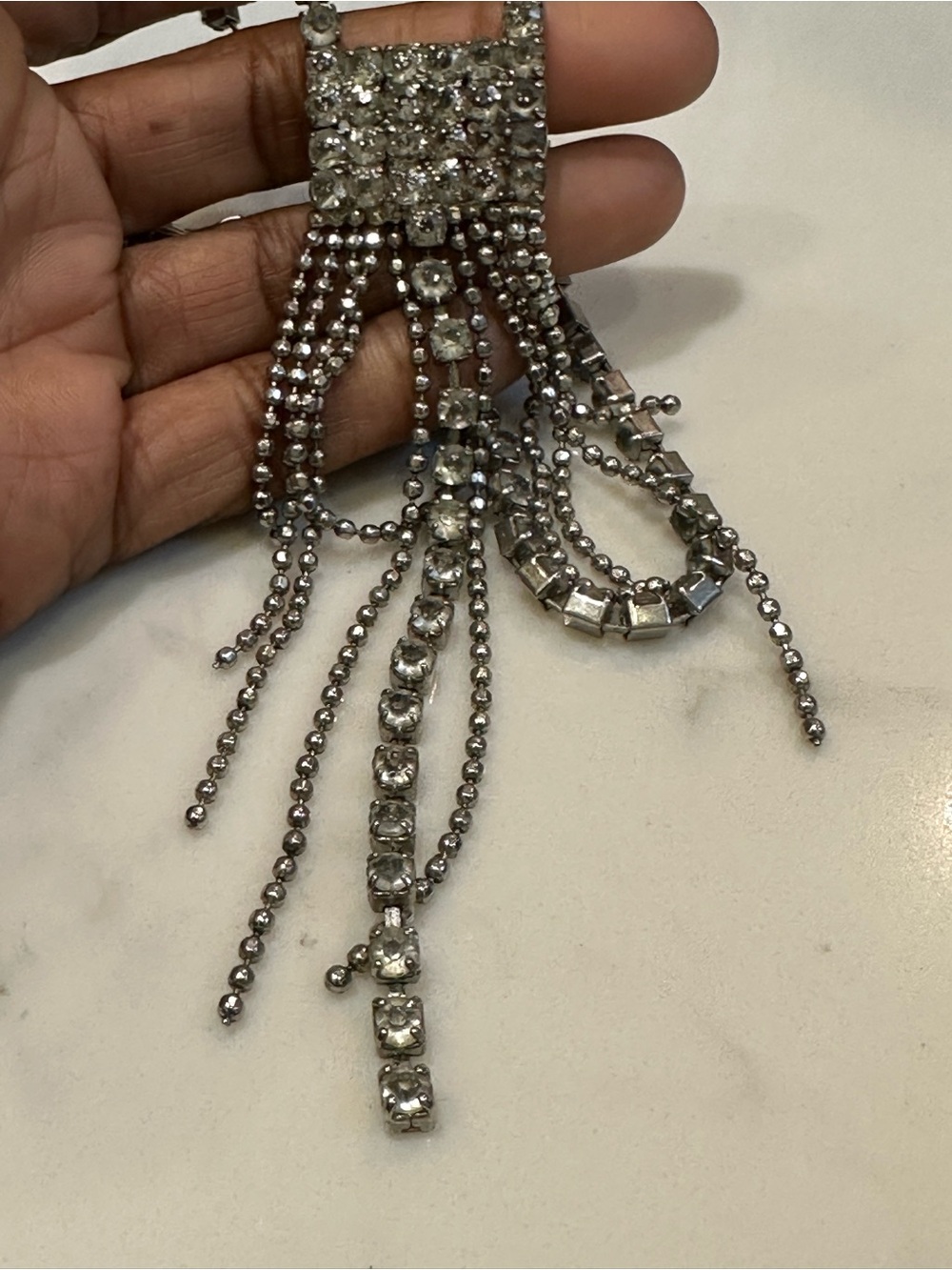 Vintage rhinestone waterfall fringe Pendant Necklace - Silver Sparkle - Picture 4 of 14